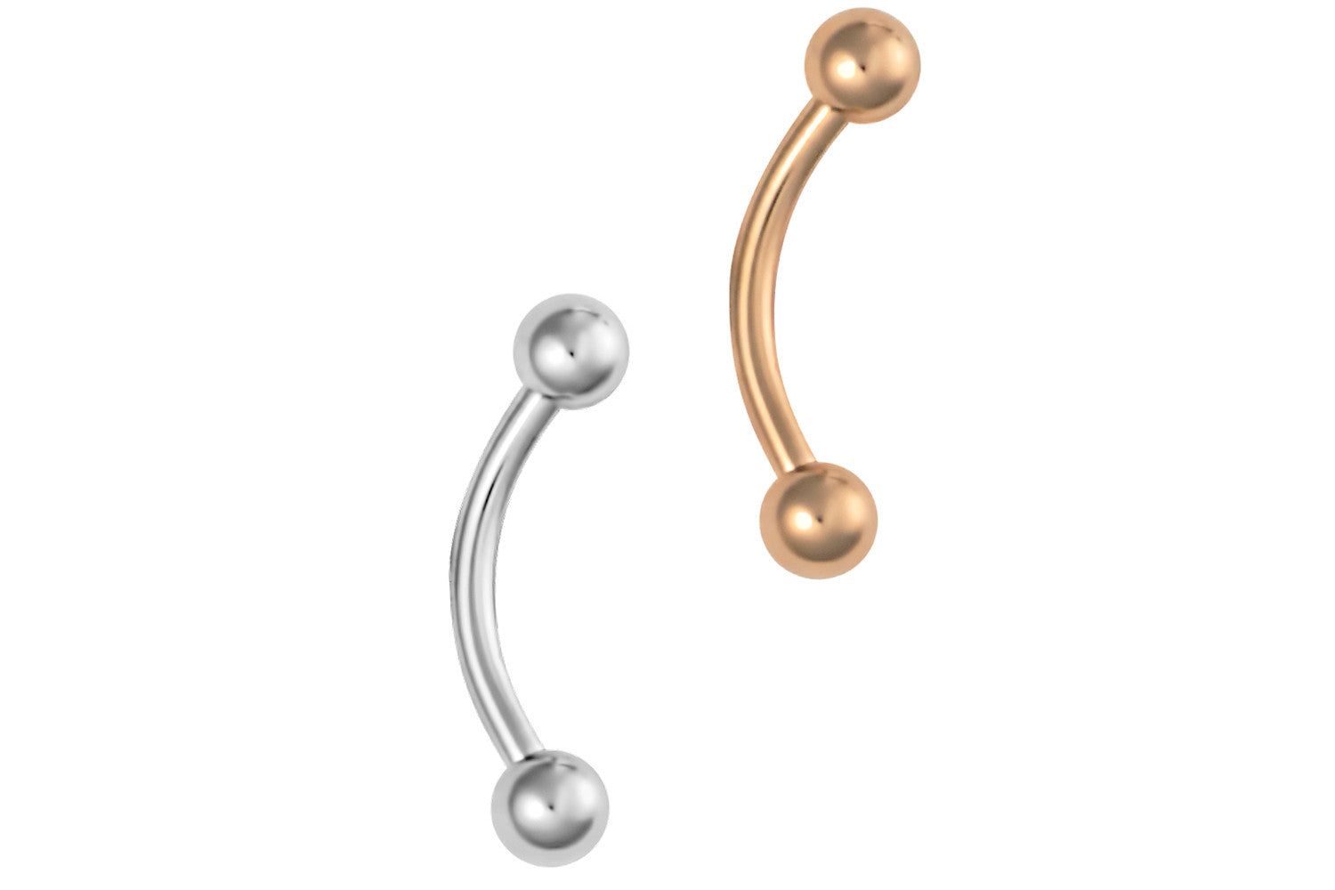 These 14 gauge petite belly rings are made with surgical grade 316L Stainless Steel. The rose gold belly ring is made with rose gold IP plating over surgical grade 316L Stainless Steel. IP (Ion Plating) is a safe and permanent fusion coating process used to enhance the durability, color and shine of body jewelry. The curved barbells are 5/16" long with 3 mm balls. This body jewelry is hypoallergenic and nickel free.