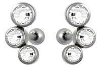 These 16 gauge cartilage stud earrings feature three Cubic Zirconia crystals. This jewelry has a 1/4" (6 mm) barbell and 3 mm balls. The earrings are made with surgical grade 316L stainless steel.