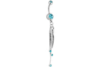 Our fancy feather dangle belly ring features multiple Cubic Zirconia crystals and is made with 316L Surgical Steel. This body jewelry is 14 gauge and has a 10 mm barbell. The top ball is 5 mm and the bottom ball measures 8 mm.
