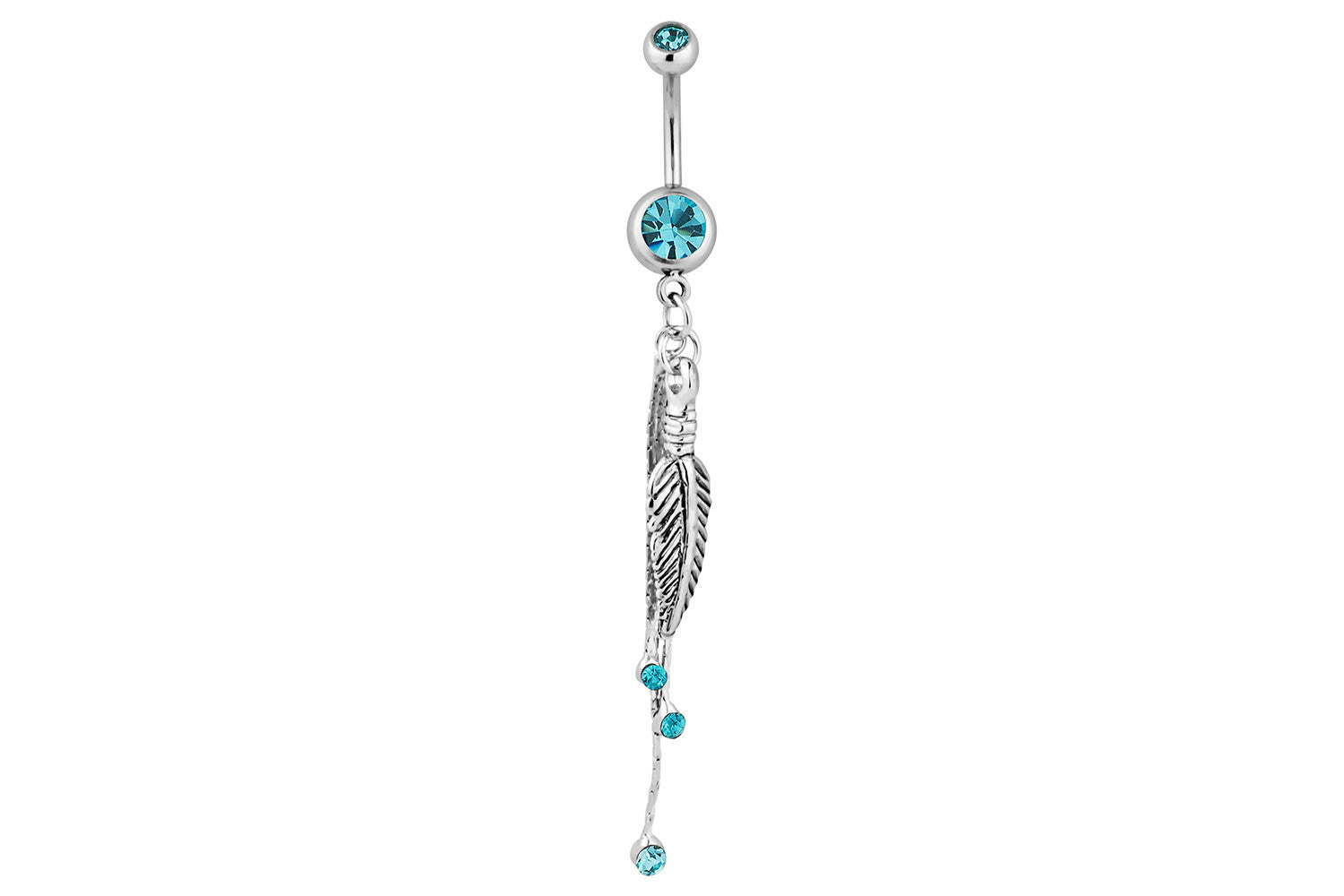 Light Blue Double Gem Belly Ring with Feathers