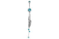 Light Blue Double Gem Belly Ring with Feathers