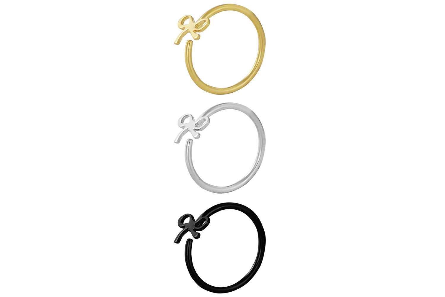 Set of 3 Nose Hoops: Black, Gold, and Silver Bows