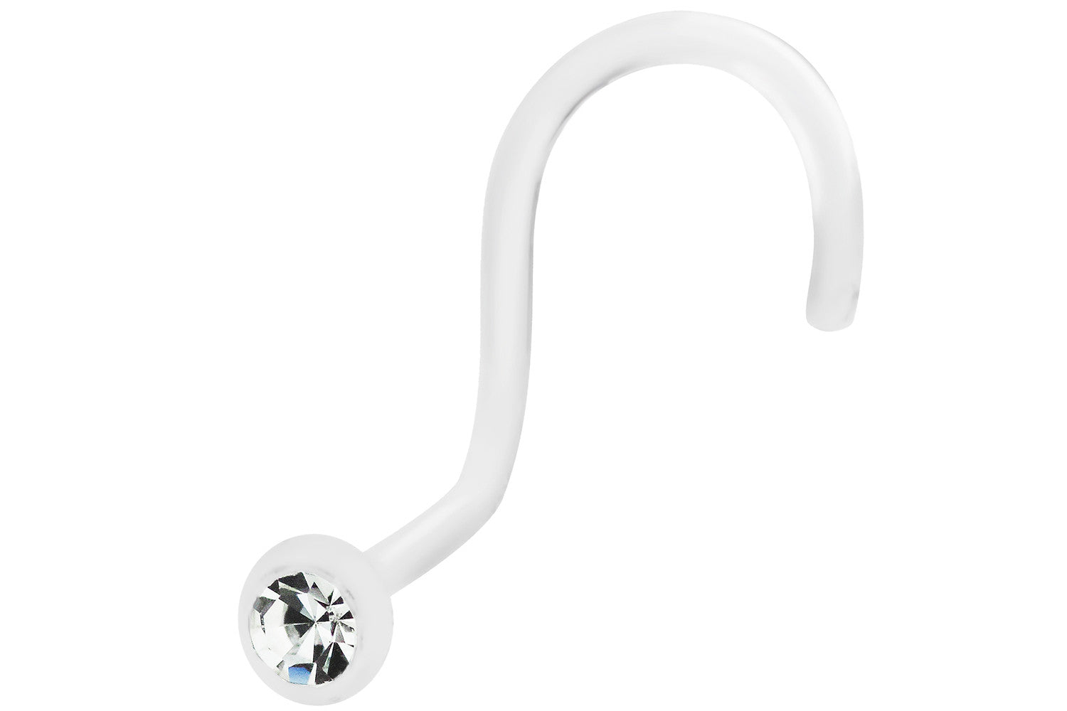 This nose screw is made with safe hypoallergenic BioFlex material and a 2 mm crystal. This item is metal free.