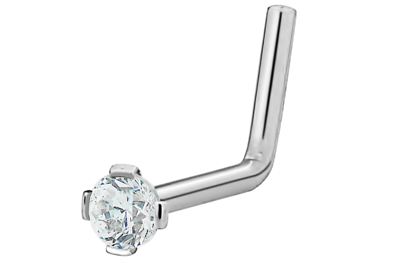 This L-shaped nose stud is made entirely with 316L Surgical Steel (including the prongs). This nose jewelry features a 2 mm Cubic Zirconia round crystal and is hypoallergenic and nickel free.