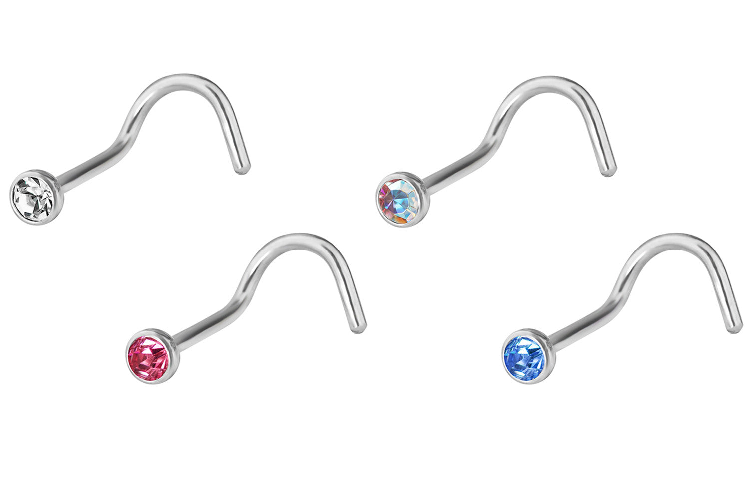 These nose screws are 18 gauge with 2.5 mm Cubic Zirconia crystals. This set includes 4 nose screws in the colors shown (not randomly selected, and no repeat colors).