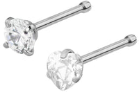 These hypoallergenic nose studs are made entirely with 316L Surgical Steel (including the prongs). They each feature a 3 mm Cubic Zirconia crystal, one round and one heart shaped. The end of the bone is slightly notched to keep the stud securely in place. This jewelry has a 7 mm wearable length.
