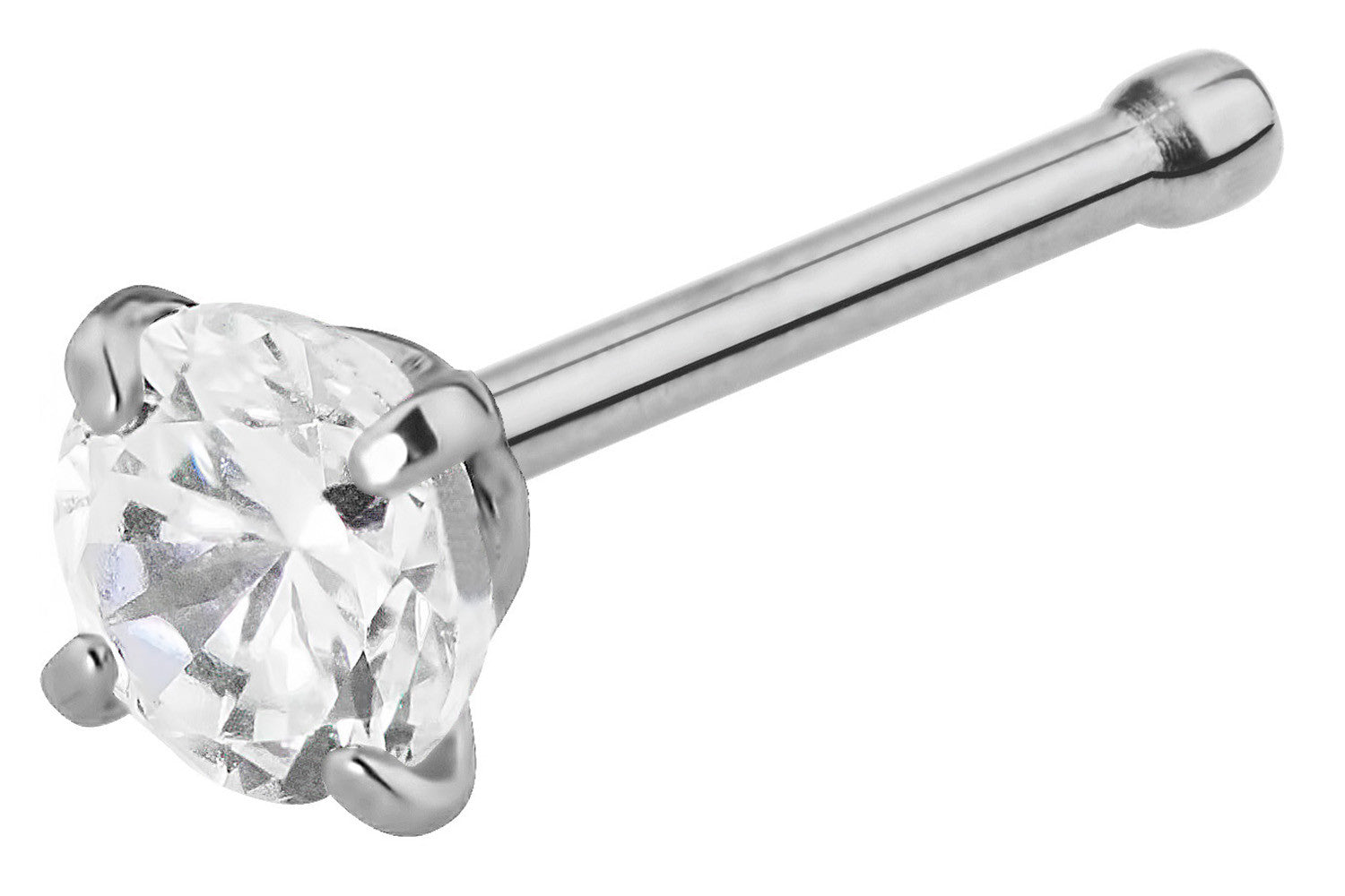 This 20 gauge nose stud  is made with surgical grade 316L stainless steel. The straight nose stud features a 3 mm Cubic Zirconia crystal. This body jewelry is hypoallergenic and nickel free. The wearable length is 7 mm and this jewelry has a slightly rounded end to keep the stud securely in place.
