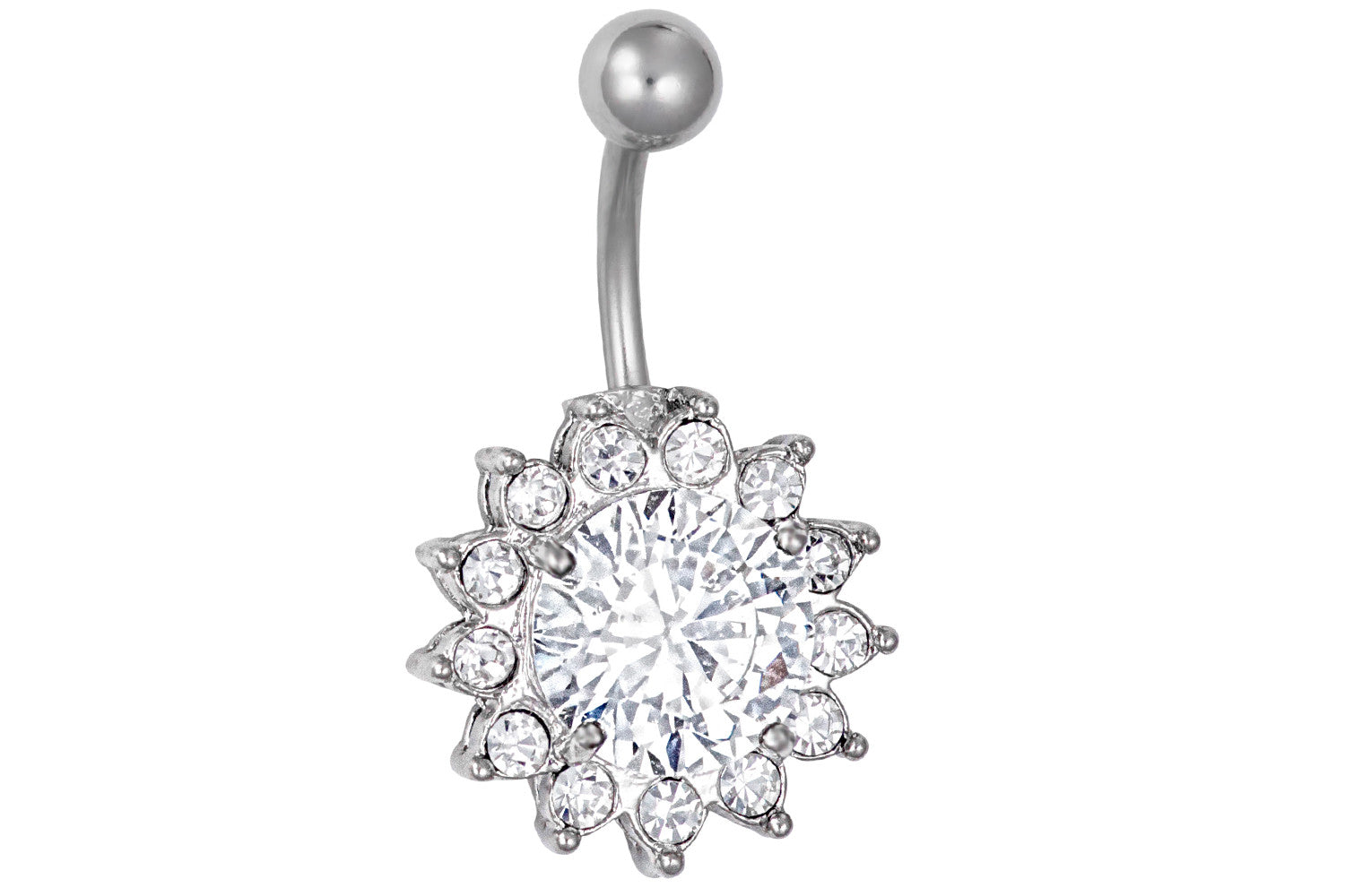 Our large crystalline CZ belly button ring is made with surgical grade 316L stainless steel & Cubic Zirconia simulated diamond crystals. The solitaire crystal measures 7/16" across and the total diameter is 11/16". This 14 gauge body jewelry is hypoallergenic and nickel free.