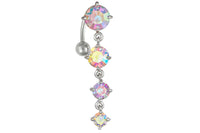 This 14 gauge sexy dangle belly ring is made with surgical grade 316L stainless steel. The barbell is 3/8" long and the total dangle length of the four cascading crystals is 1 3/8".