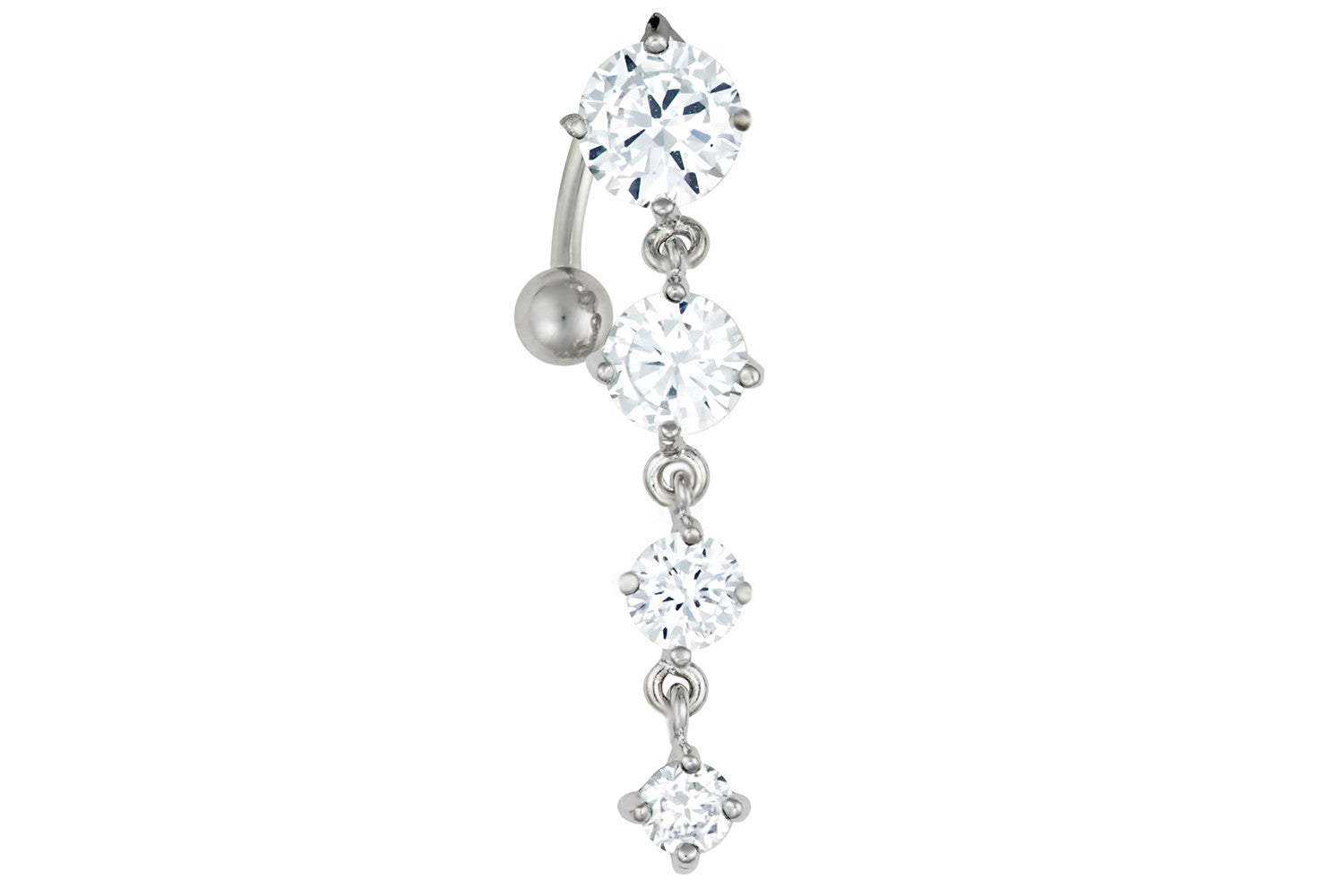 This 14 gauge sexy dangle belly ring is made with surgical grade 316L stainless steel. The barbell is 3/8" long and the total dangle length of the four cascading crystals is 1 3/8".