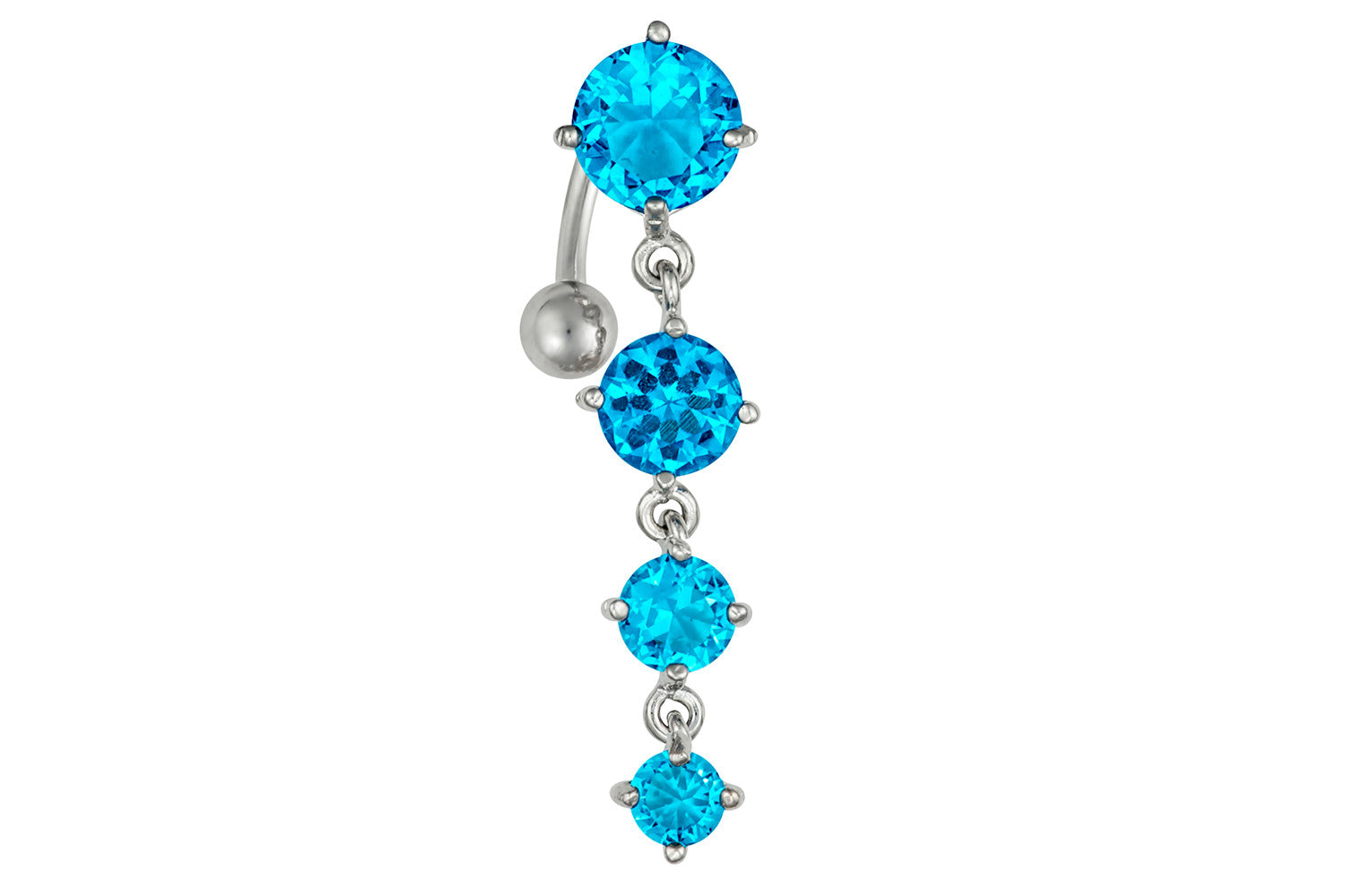 This 14 gauge sexy dangle belly ring is made with surgical grade 316L stainless steel. The barbell is 3/8" long and the total dangle length of the four cascading crystals is 1 3/8".