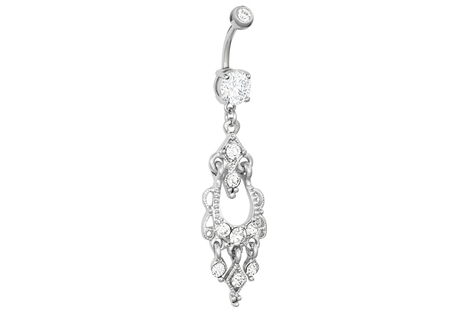 Our fancy chandelier dangle belly button ring is made with surgical grade 316L stainless steel. This 14 gauge body jewelry is hypoallergenic and nickel free, and the total dangle length is 1.5 inches.