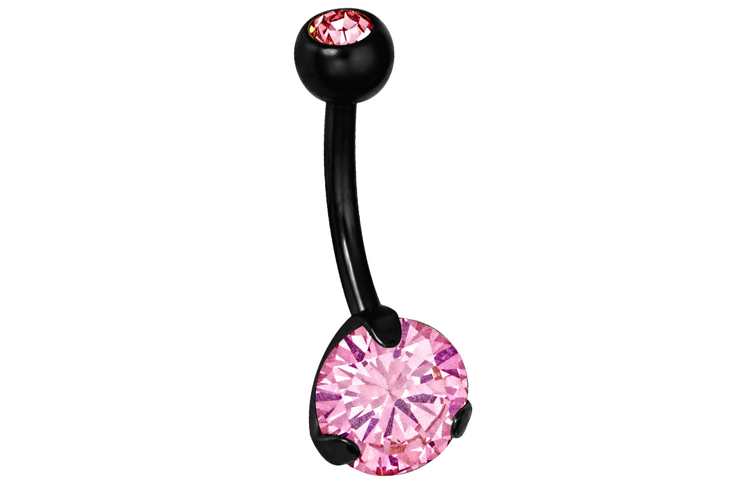 Our double jeweled belly button ring is made with black Titanium IP plating over surgical grade 316L stainless steel. IP plating (Ion Plating) is a safe and permanent surface refinishing process that creates a brighter, harder and more durable piece of jewelry. This body jewelry features pink Cubic Zirconia simulated diamond crystals. This 14 gauge 3/8" belly ring is hypoallergenic and nickel free.