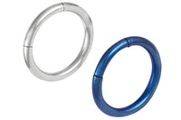 These 16 gauge endless cartilage hoop earrings are made with surgical grade 316L stainless steel. The blue ring is made with Surgical Steel and blue Titanium IP Plating. IP Plating (Ion Plating) is a safe and permanent surface refinishing process that produces a harder, brighter, more durable piece of jewelry. These hoops are 8 mm in diameter.
