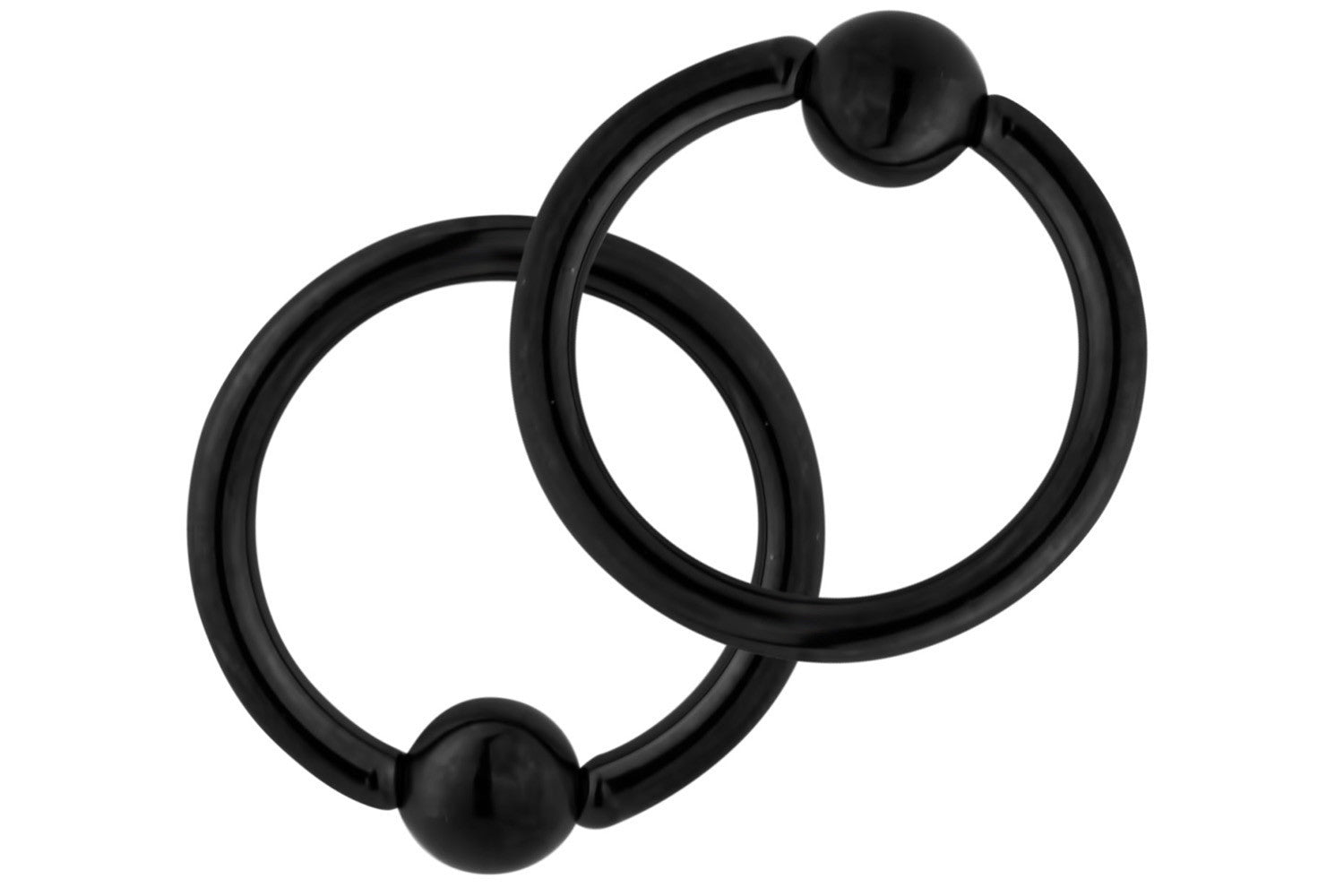This pair of 14 gauge CBR ring is made with surgical grade 316L Stainless Steel and black Titanium IP plating. The rings are 3/8" (10 mm) in diameter with 4 mm balls.