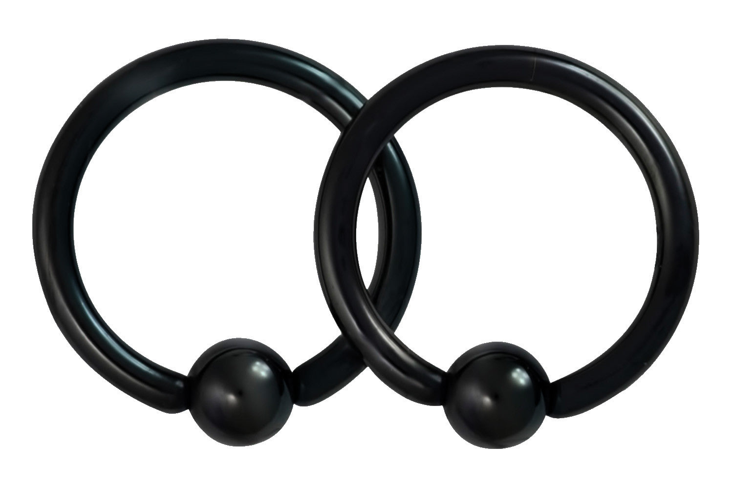 This pair of 14 gauge CBR ring is made with surgical grade 316L Stainless Steel and black Titanium IP plating. The rings are 7/16" (11 mm) in diameter with 4 mm balls.