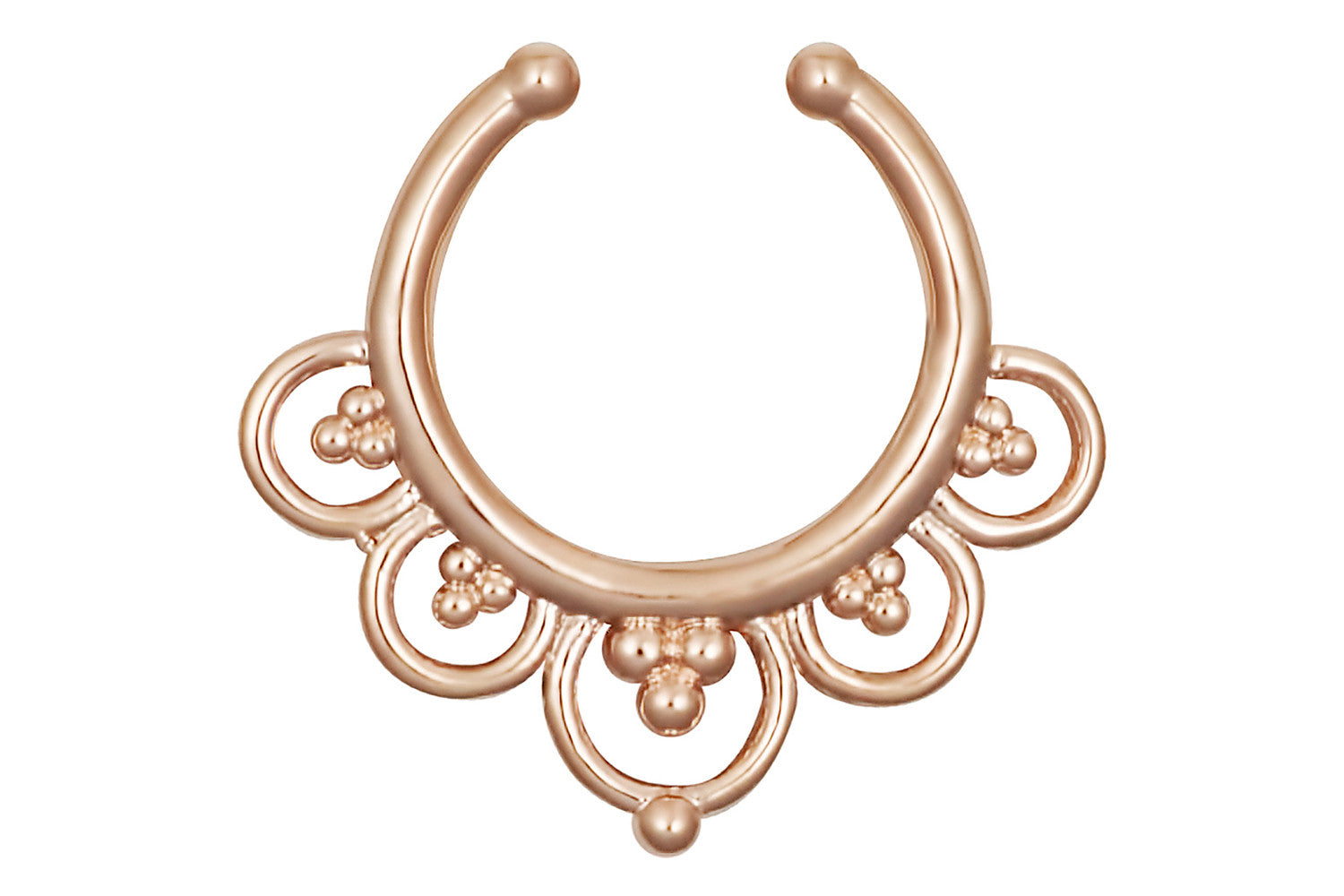 Get the look of a piercing without the pain! This exotic non-piercing body jewelry is made with high shine Rose Gold ion plated brass.