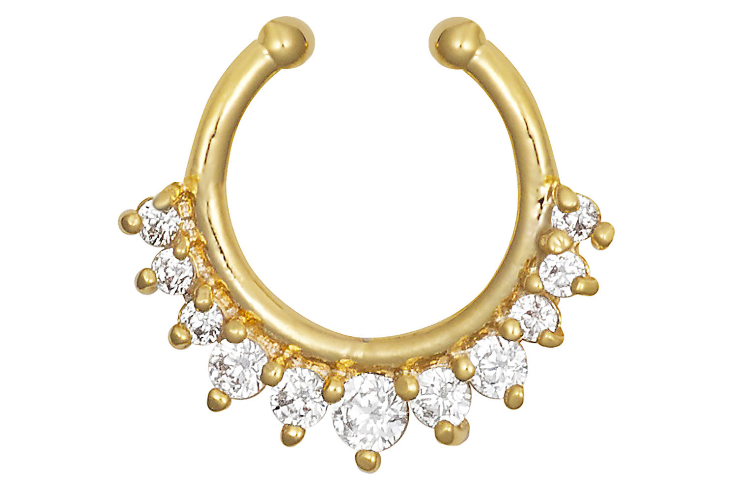 Get the look of a piercing without the pain! This exotic non-piercing body jewelry is made with high shine yellow gold ion plated brass and Cubic Zirconia simulated diamond crystals.
