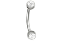 This 16 gauge eyebrow barbell is made entirely with Grade 23 Titanium. This eyebrow barbell is 8 mm (5/16") long with 3 mm crystalline end balls. This body jewelry is hypoallergenic and safe for sensitive skin and allergies to Surgical Steel.